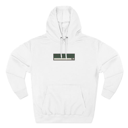 Front view white hoodie with small Wildridge bar patch graphic