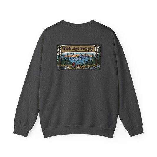 Dark gray sweatshirt with a scenic patch on the back on a white background