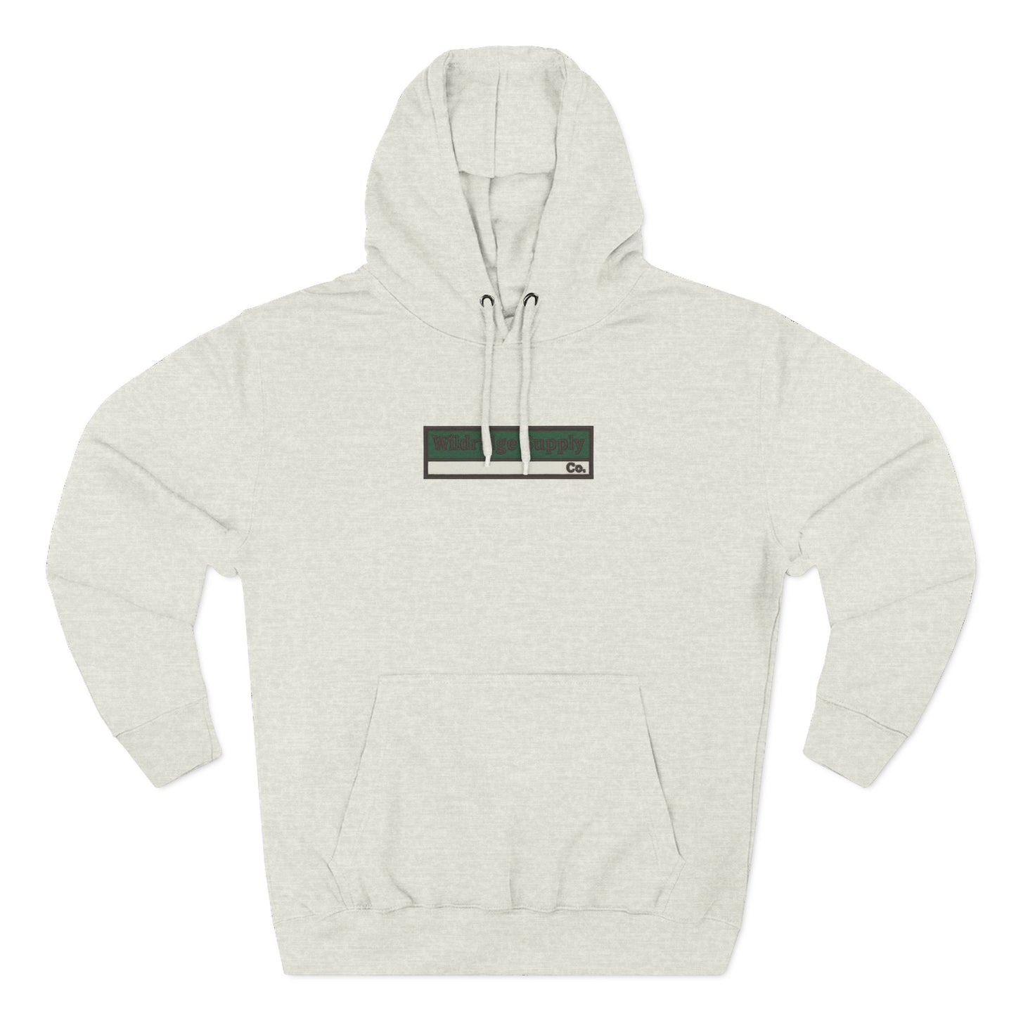 Beige hoodie with a small black logo on a white background