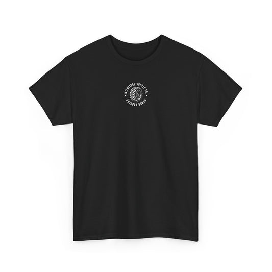 Black t-shirt with a white logo on a white background