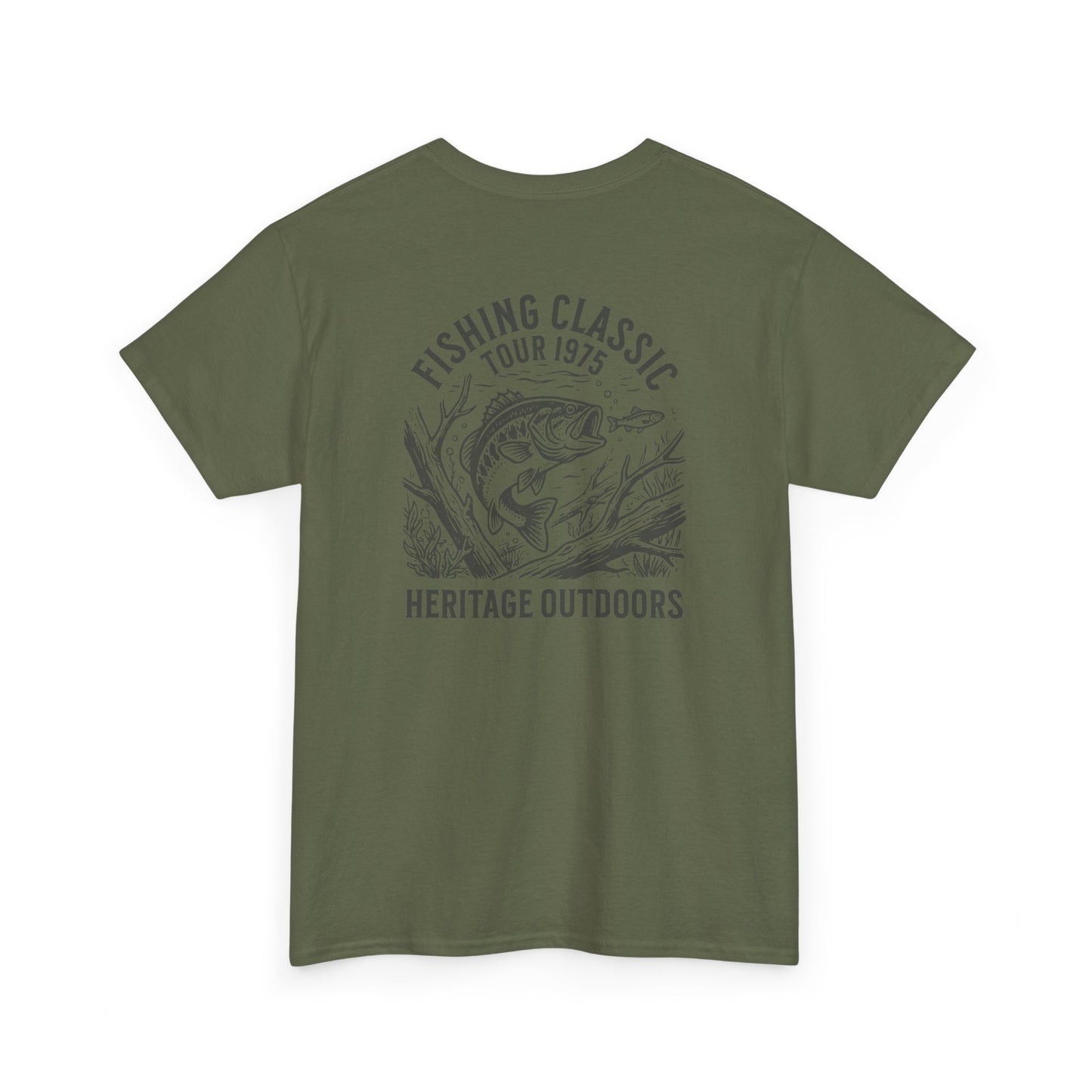 Green t-shirt with fishing graphic and text on a white background