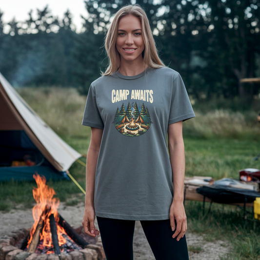 Camp Awaits Adventure Tee - Unisex Camping T-Shirt Outdoor Enthusiast