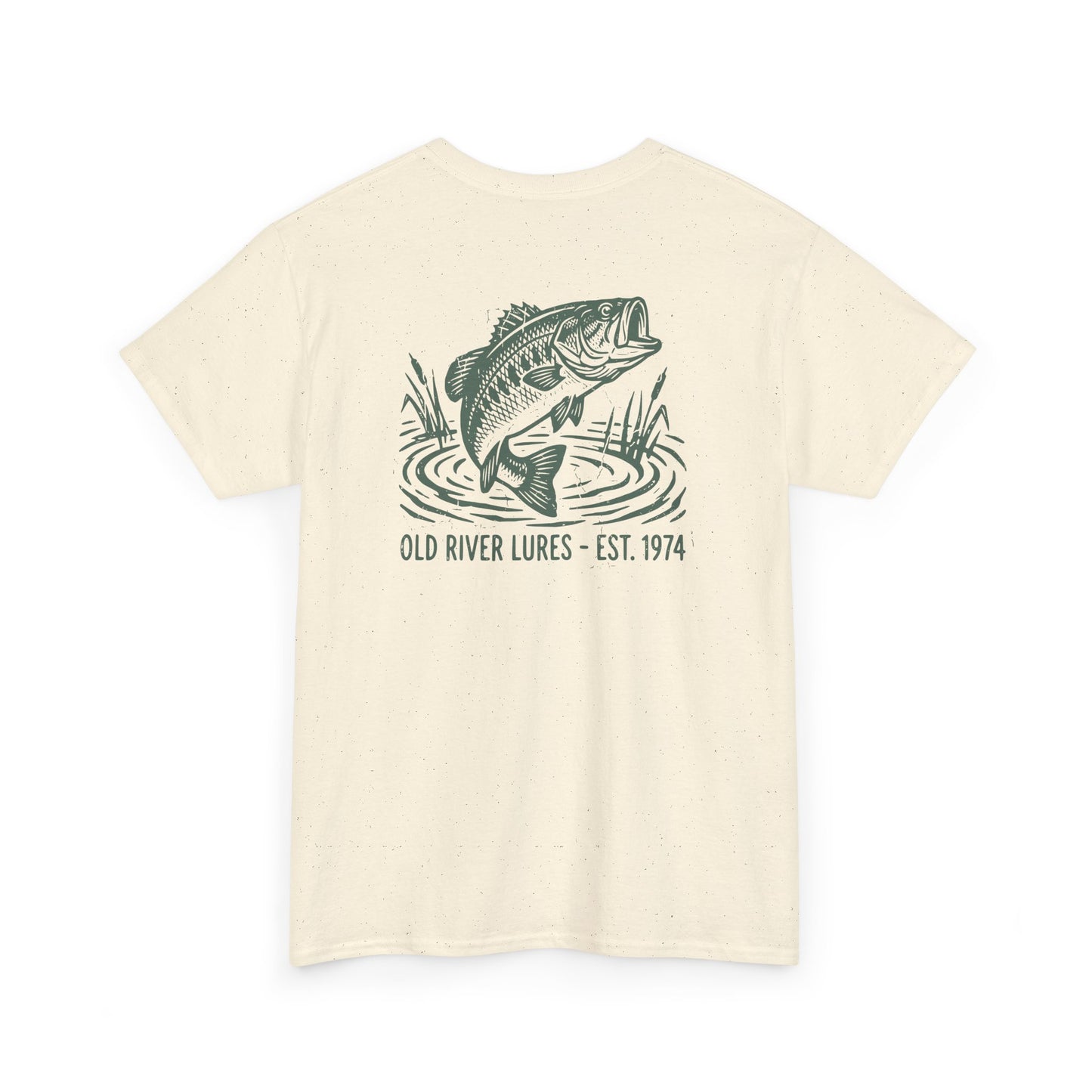 natural bass fishing shirt back view with old river lures graphic
