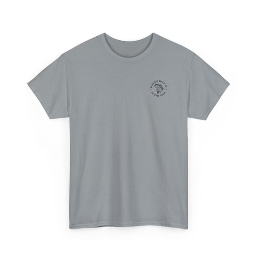 Gray t-shirt with a small logo on the chest against a white background