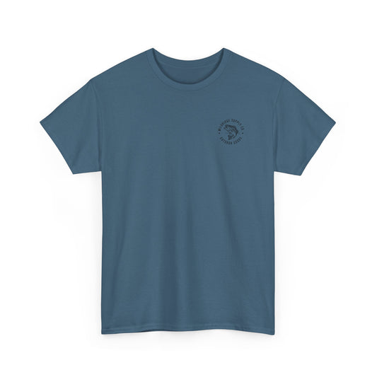Blue t-shirt with a small logo on a white background