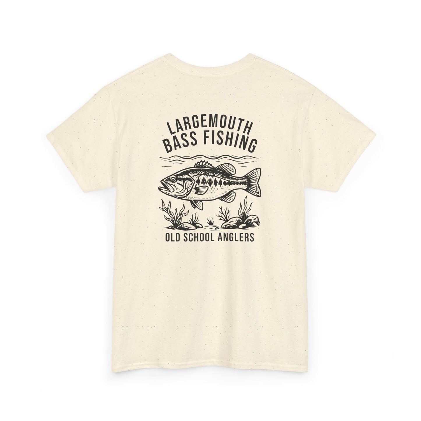 Beige t-shirt with bass fishing graphic and text on a white background