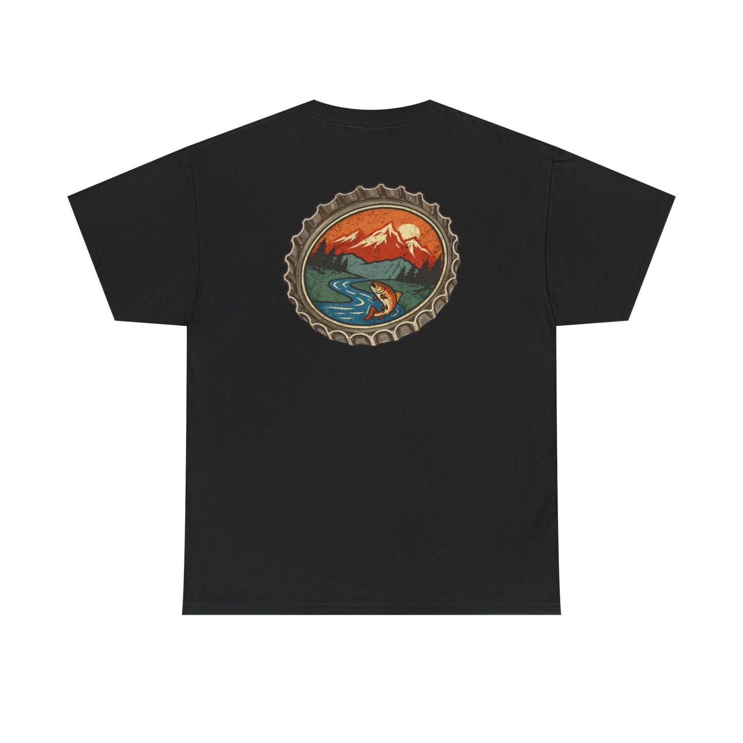 Bottle Cap Fishing Graphic Tee – Vintage Mountain River Outdoor Shirt