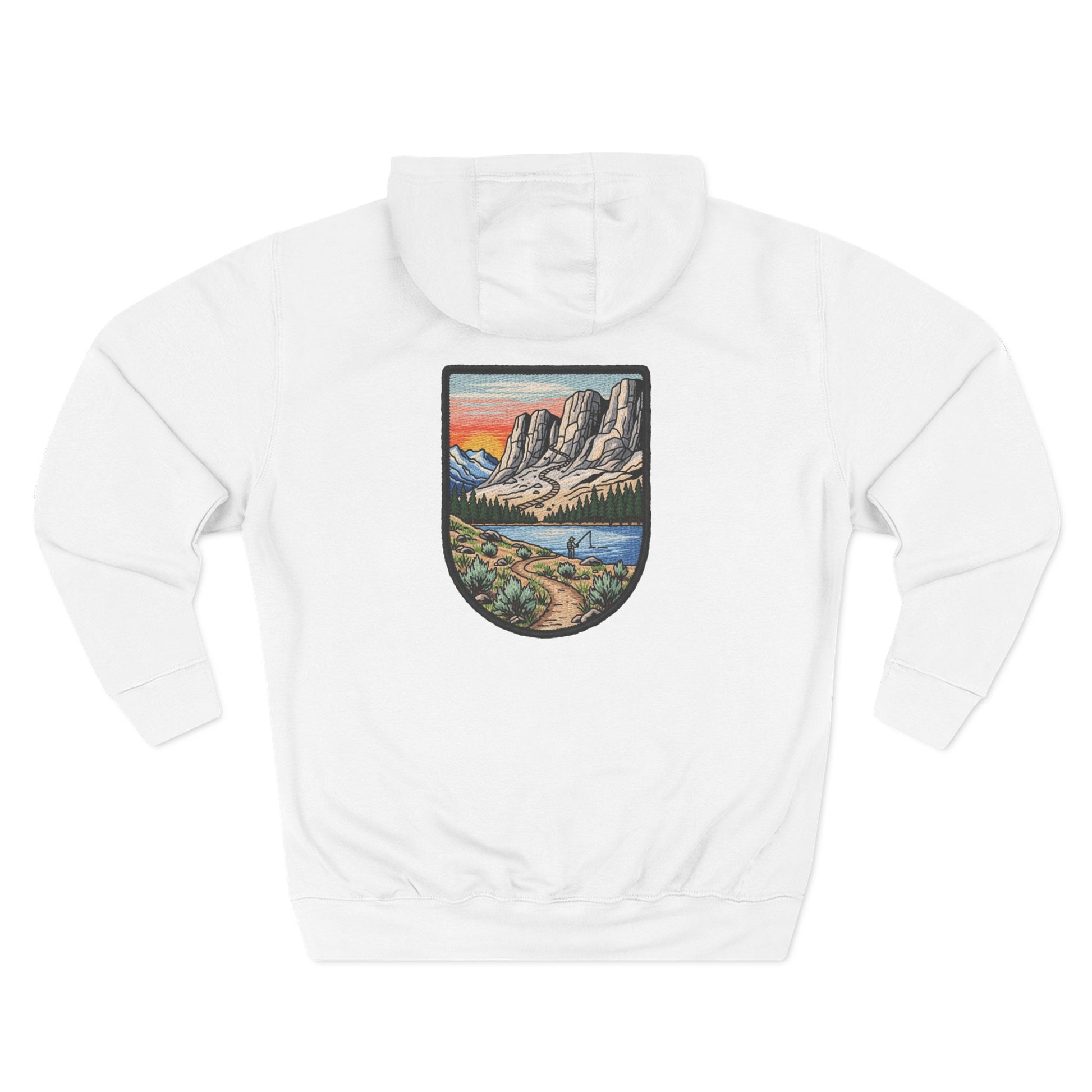 White hoodie with a mountain landscape patch on a white background