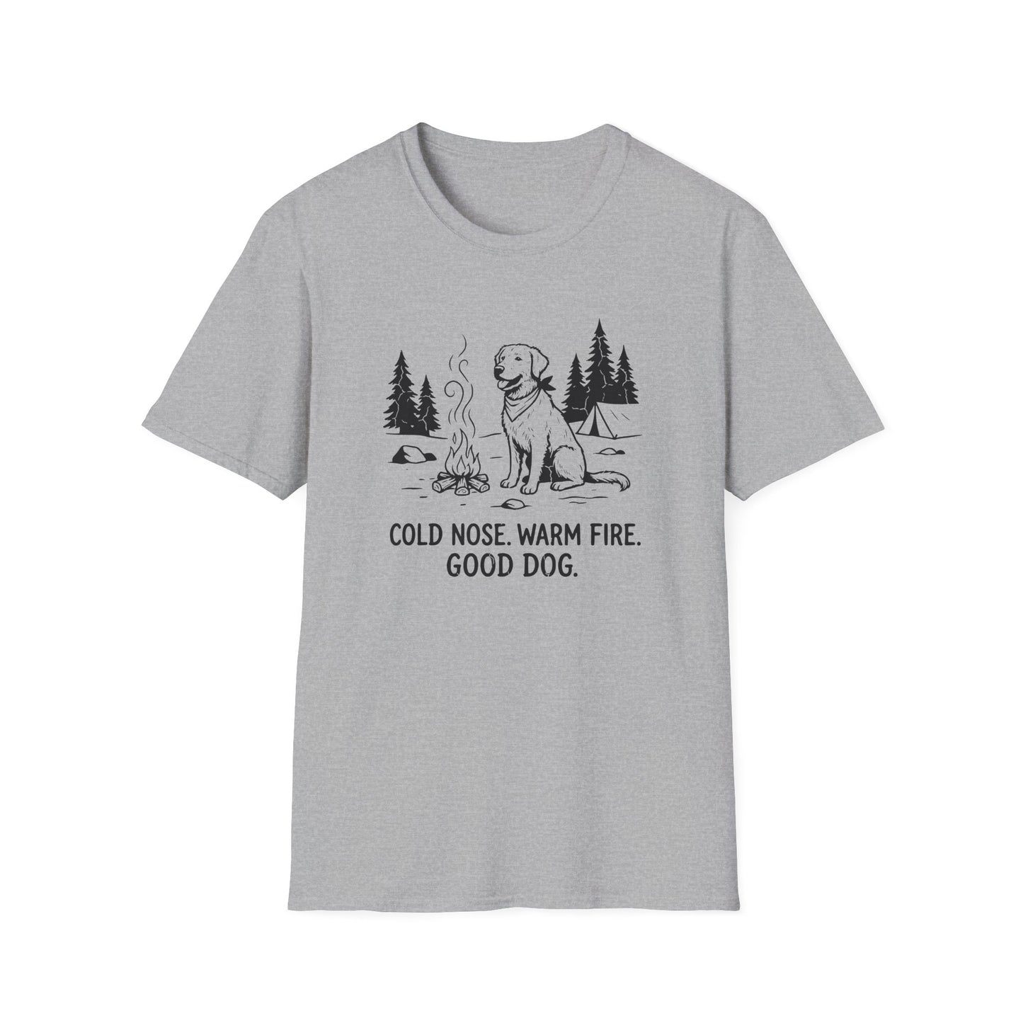 Camping Dog T-Shirt — "Cold Nose, Warm Fire, Good Dog" Graphic Tee