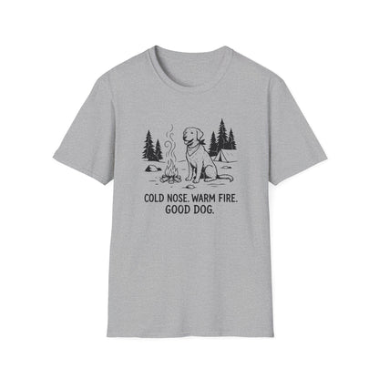 Camping Dog T-Shirt — "Cold Nose, Warm Fire, Good Dog" Graphic Tee