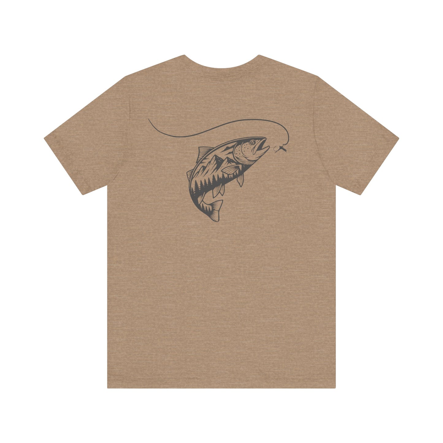 Brown t-shirt with a fish graphic on the back against a white background