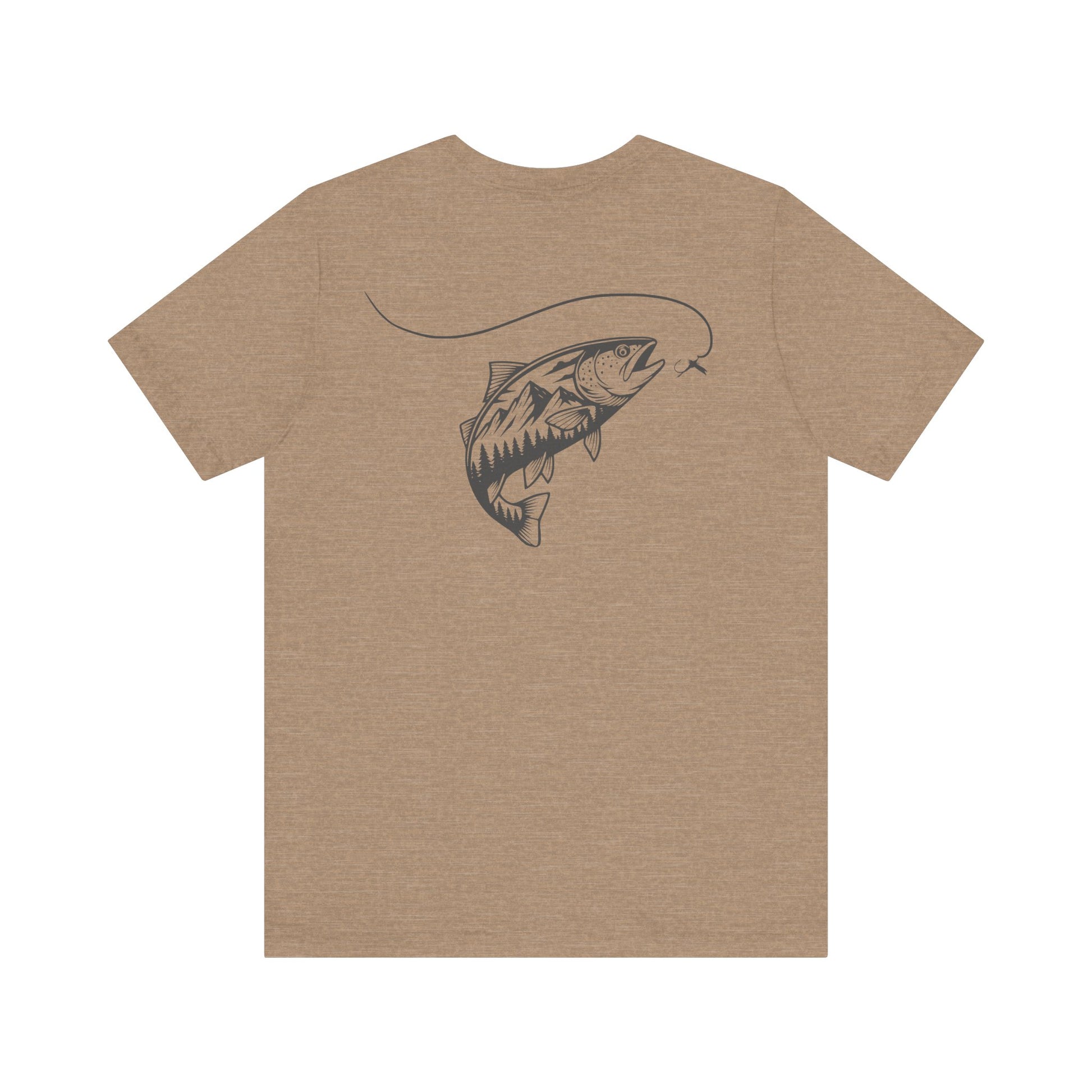 Brown t-shirt with a fish graphic on the back against a white background