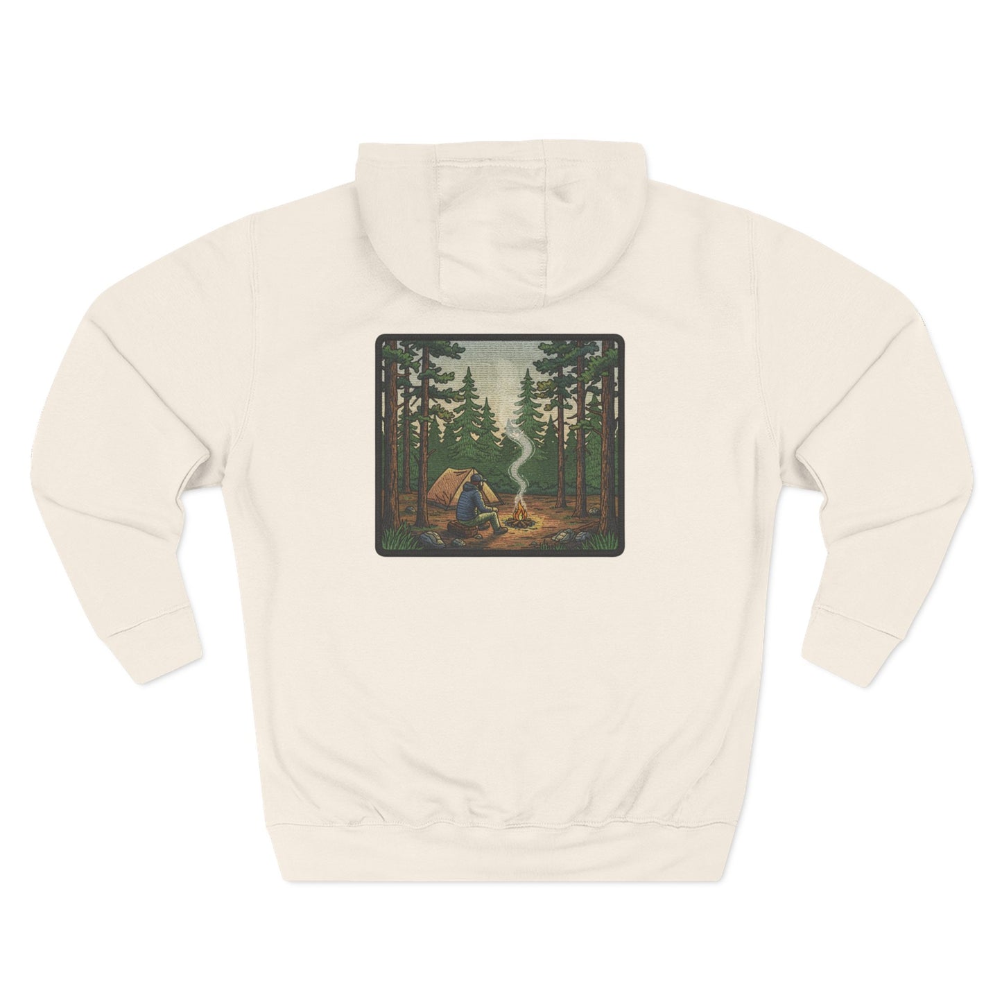 Back of Wildridge Campfire Square-Badge Hoodie in Beige with campfire forest badge graphic