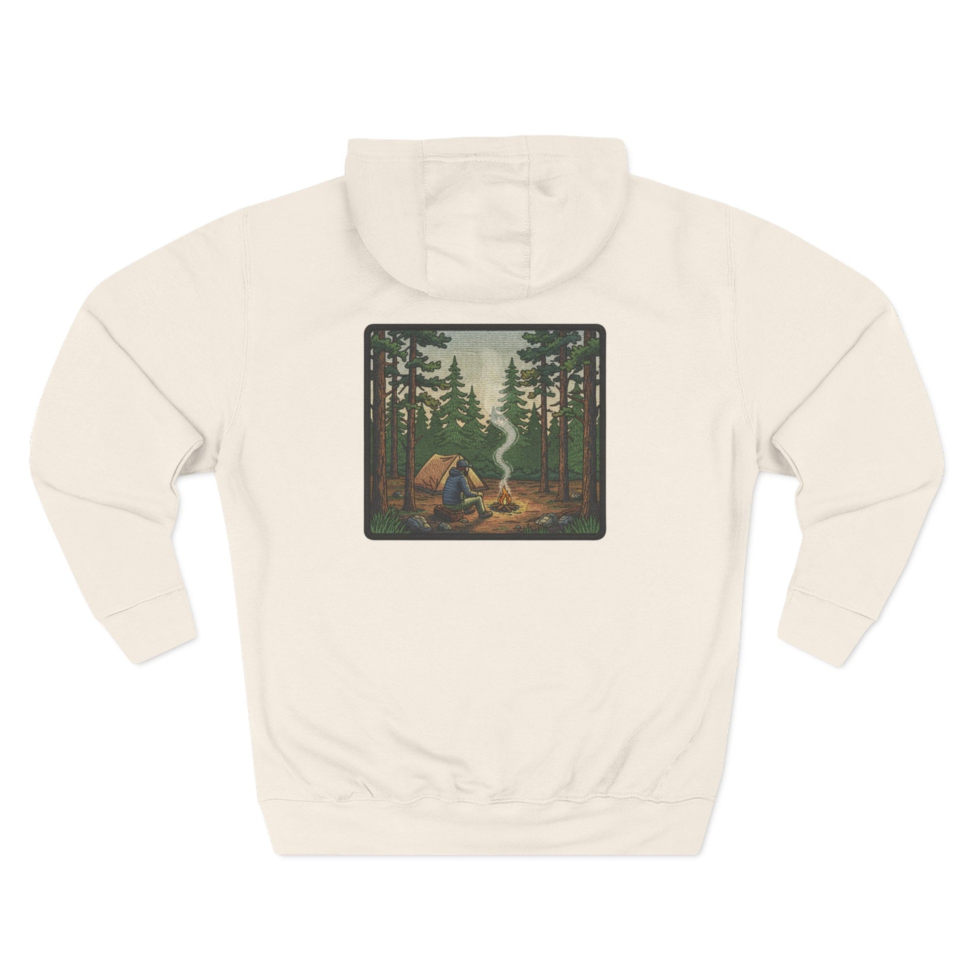 Back of Wildridge Campfire Square-Badge Hoodie in Beige with campfire forest badge graphic