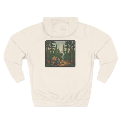 Back of Wildridge Campfire Square-Badge Hoodie in Beige with campfire forest badge graphic