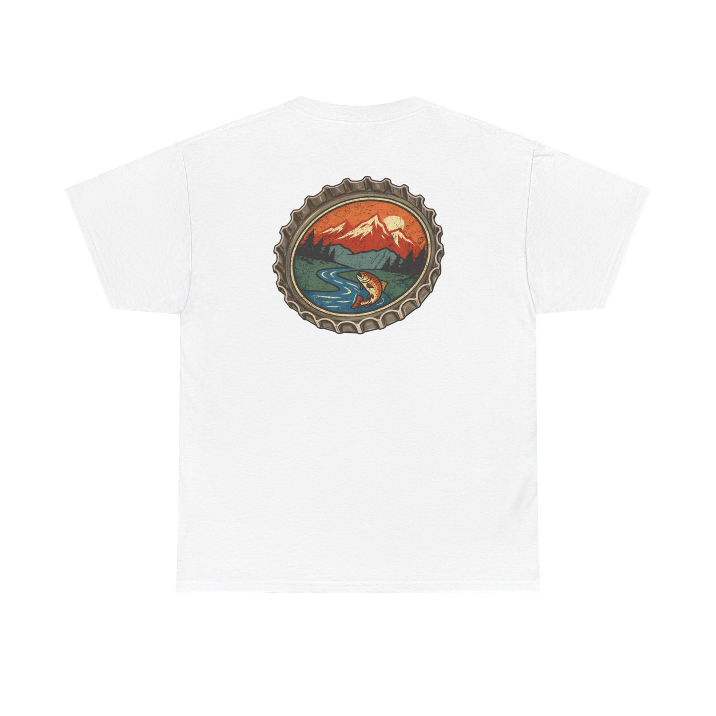 Bottle Cap Fishing Graphic Tee – Vintage Mountain River Outdoor Shirt
