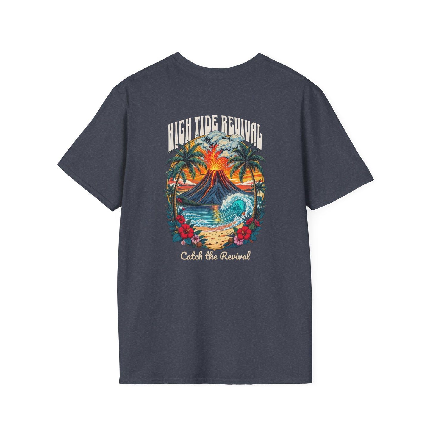 High Tide Revival Surf T-Shirt | Vintage Volcano Wave Graphic Tee | Coastal Beachwear for Surfers