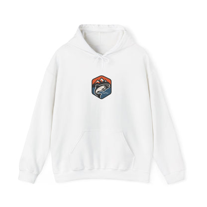 White hoodie with a colorful logo on a white background
