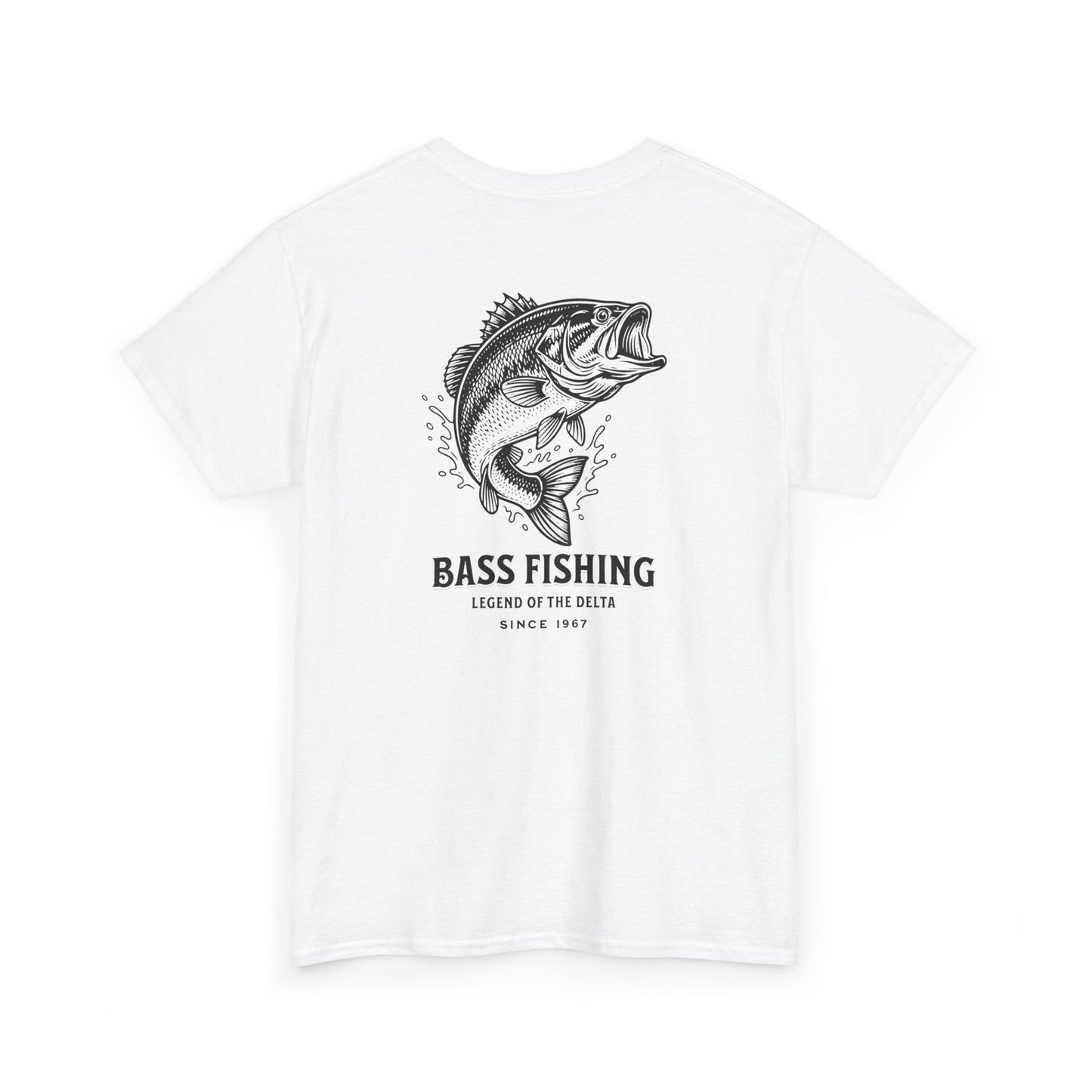 White t-shirt with large bass fishing graphic and text on a white background