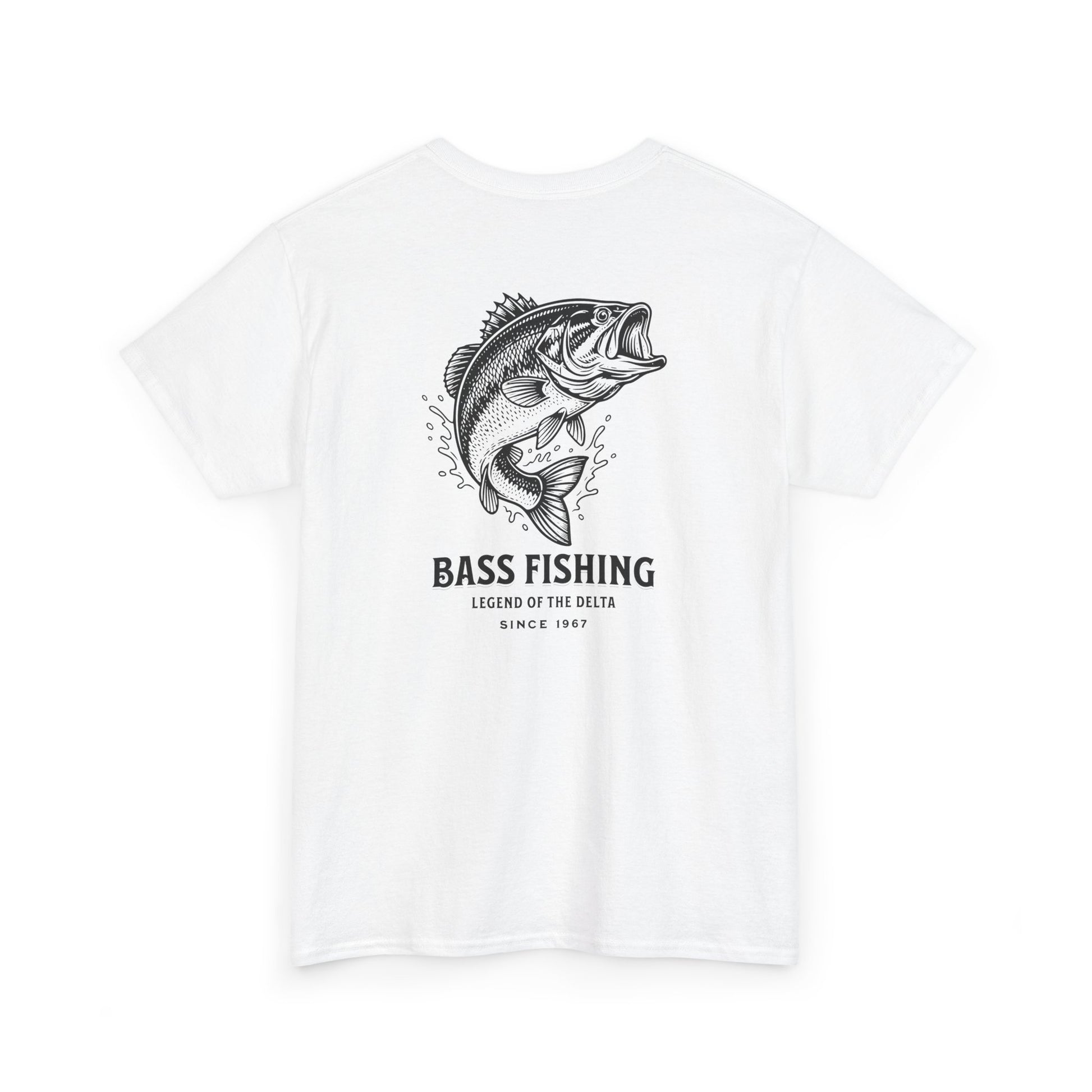 White t-shirt with large bass fishing graphic and text on a white background