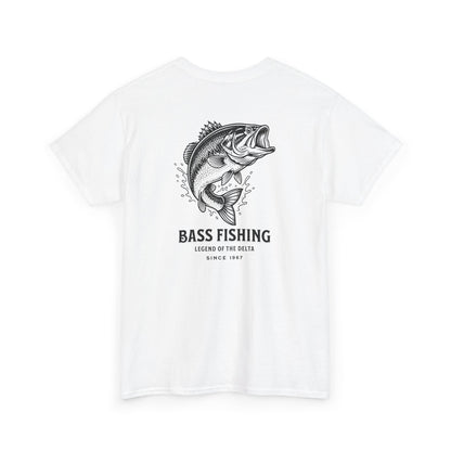 White t-shirt with large bass fishing graphic and text on a white background
