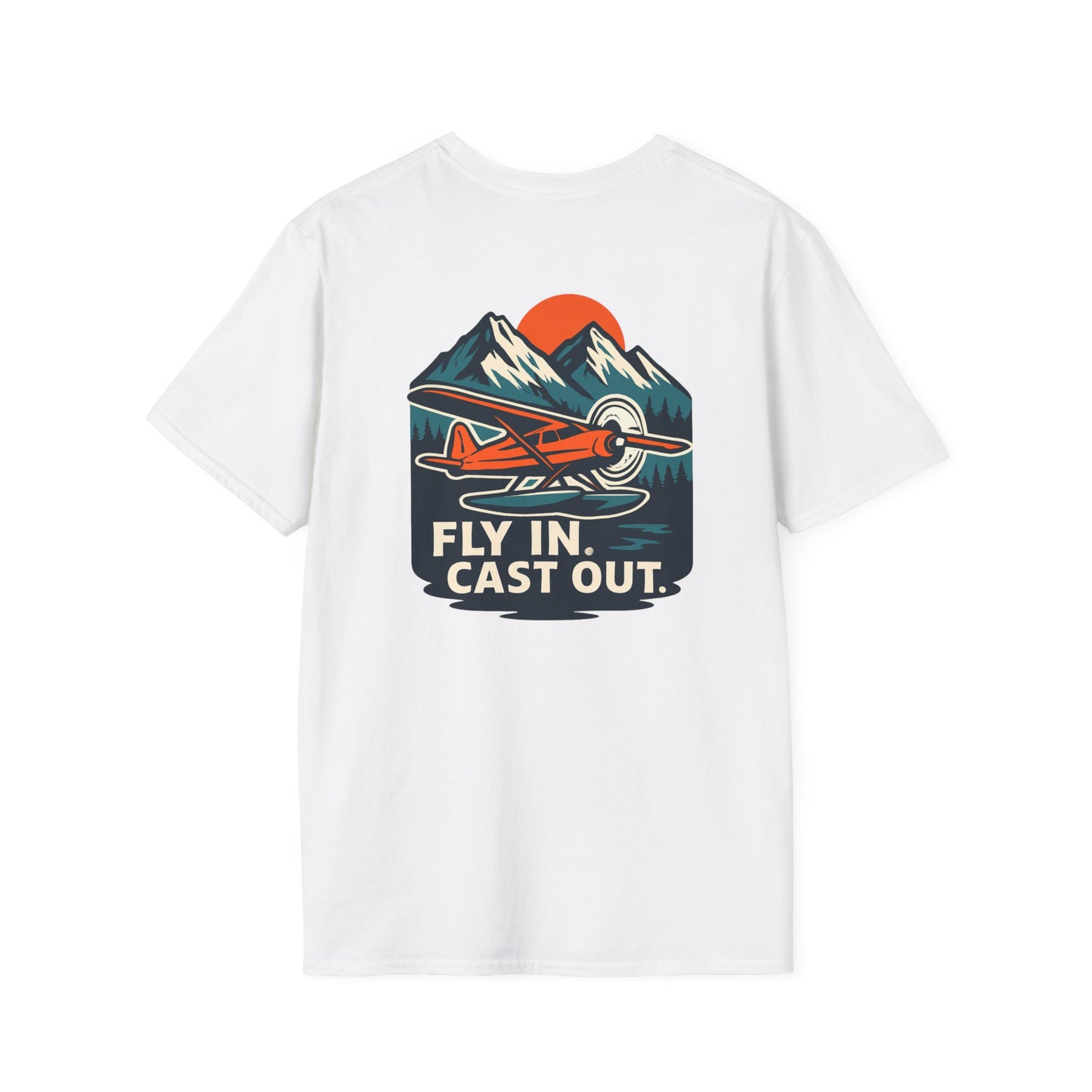 Fishing Unisex Softstyle T-Shirt with Alaskan Seaplane Design - Fly in Cast Out