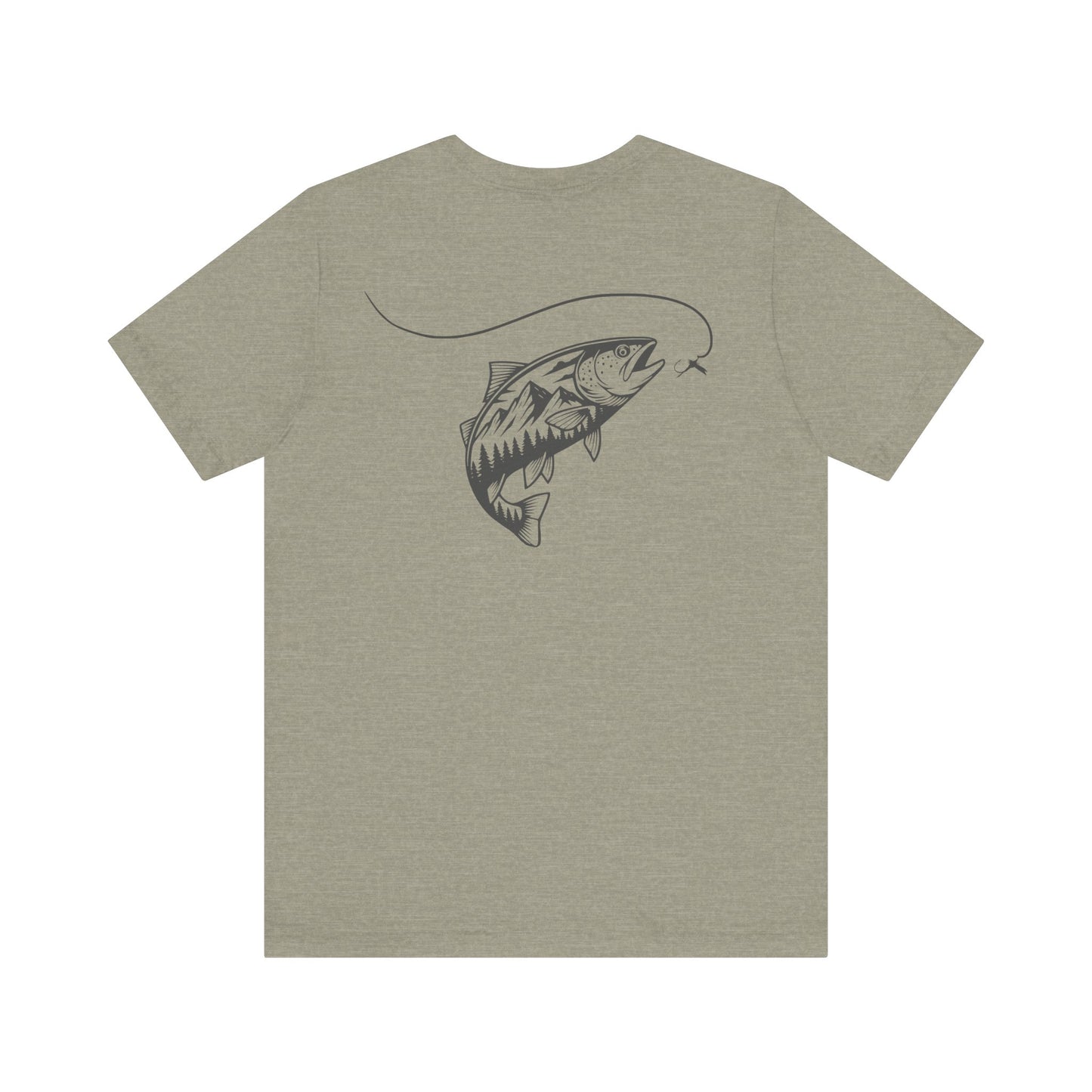 Olive green t-shirt with a fish graphic on the back against a white background