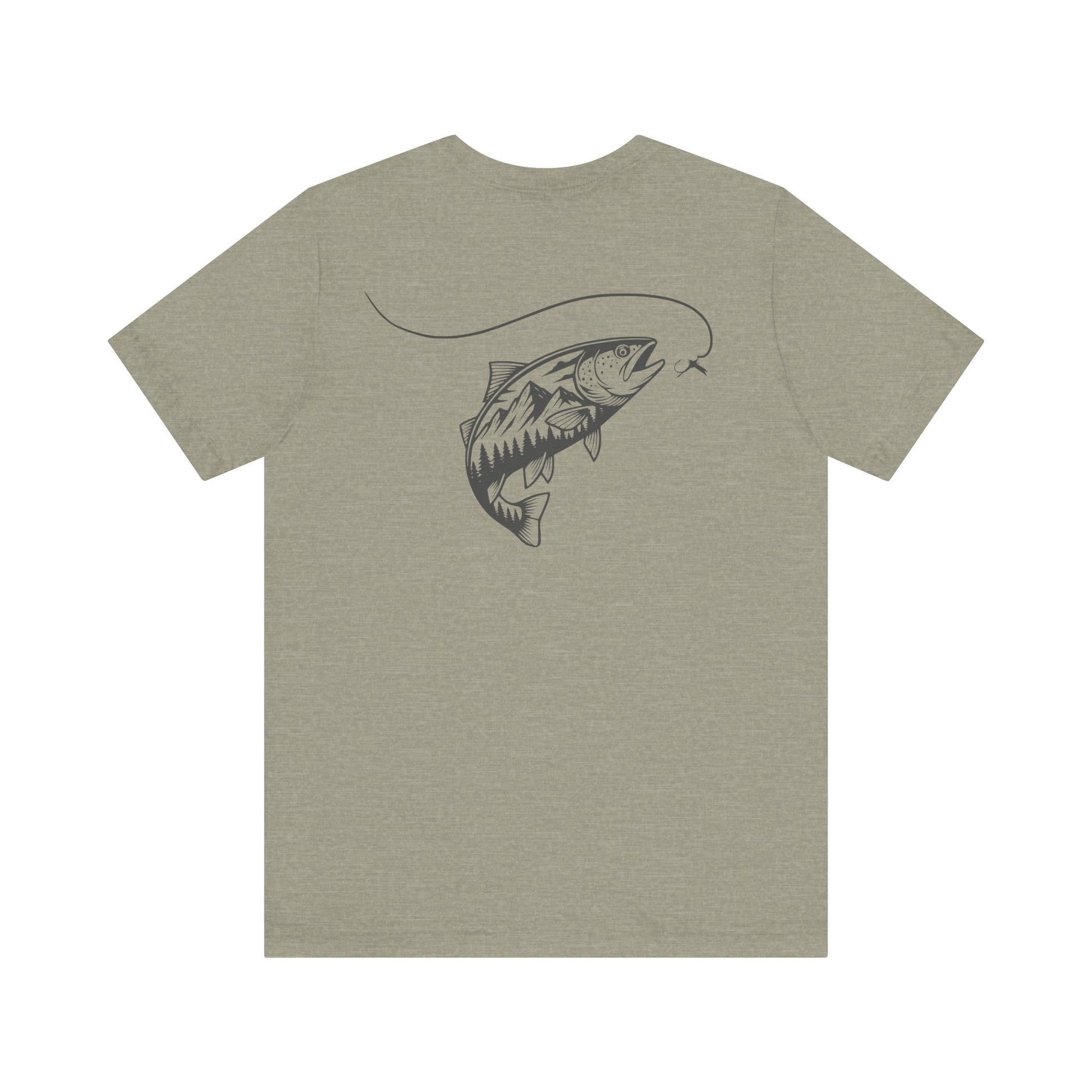 Olive green t-shirt with a fish graphic on the back against a white background