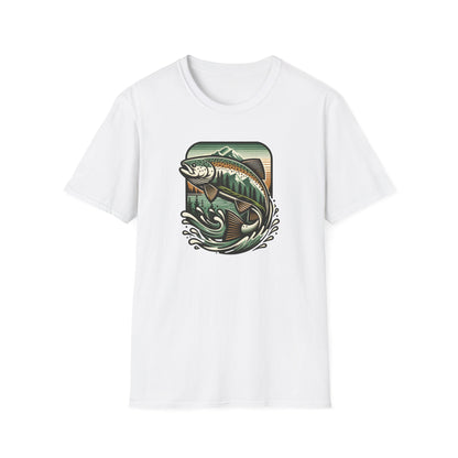 White t-shirt with a fish graphic on a white background