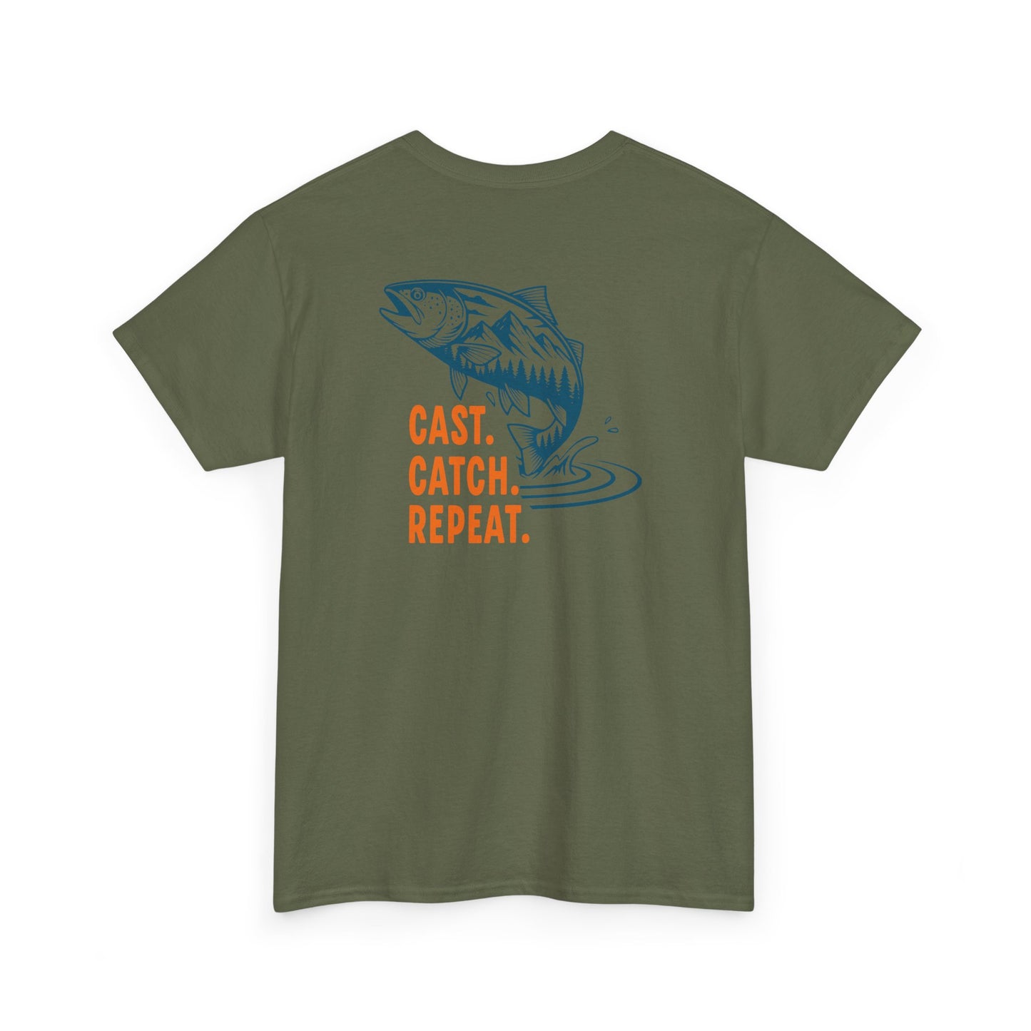 Green t-shirt with a fish graphic and text 'CAST. CATCH. REPEAT.' on a white background