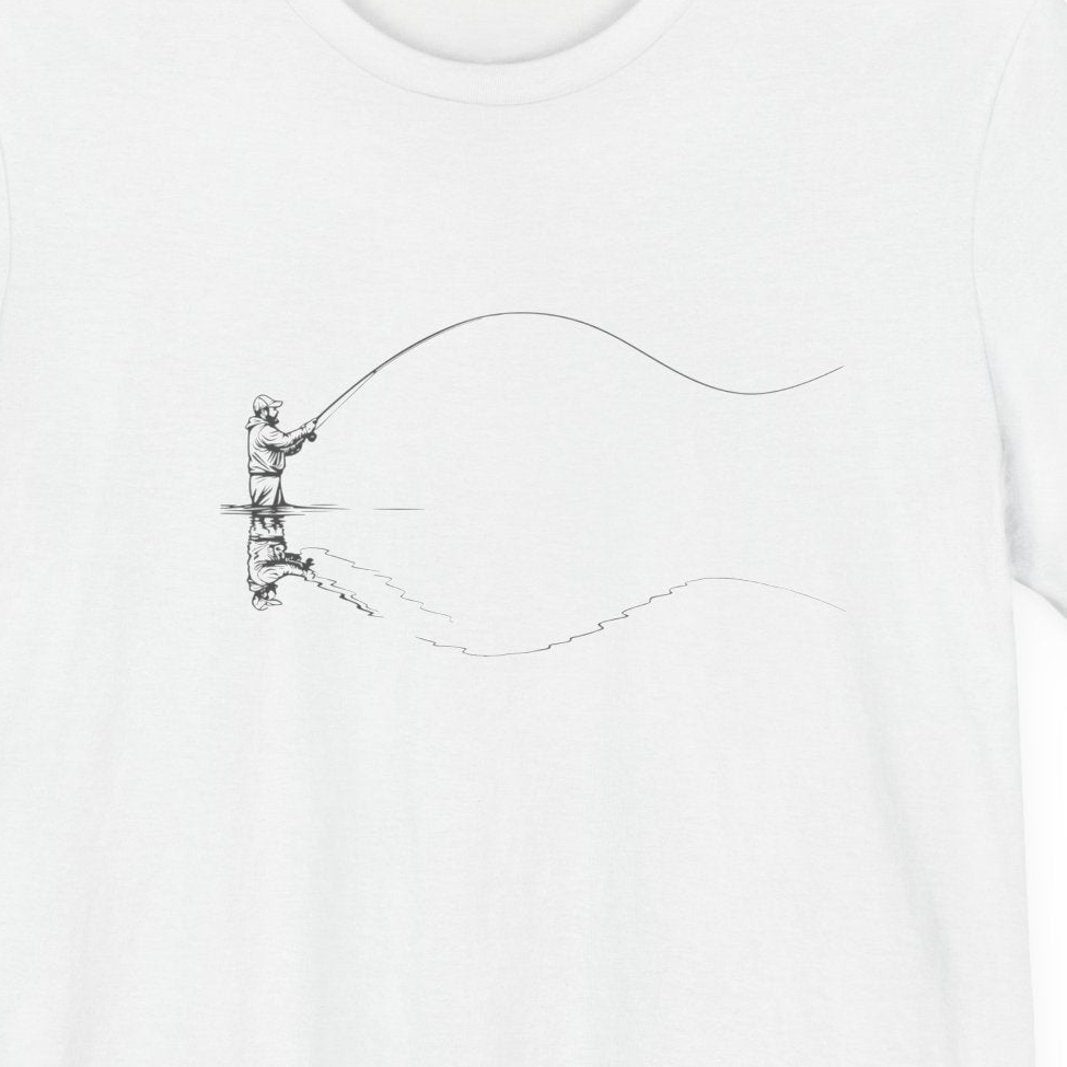 White t-shirt with a black line drawing of a person fishing on a white background