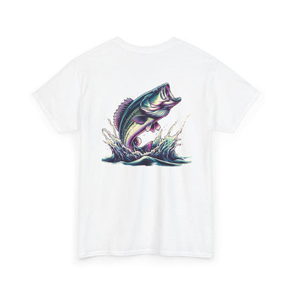 White t-shirt with a colorful fish graphic on a white background