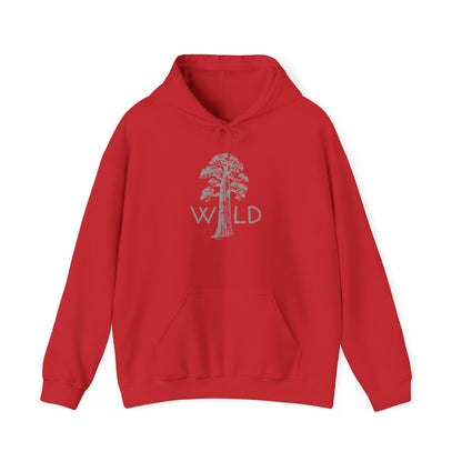 Red hoodie with a tree and 'Wild' text design on a white background