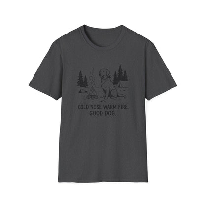 Camping Dog T-Shirt — "Cold Nose, Warm Fire, Good Dog" Graphic Tee