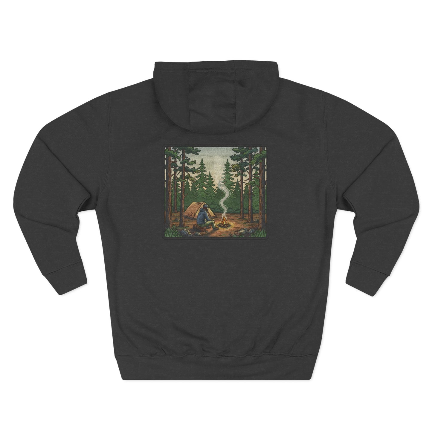 Back of Wildridge Campfire Square-Badge Hoodie in Grey with campfire forest badge graphic