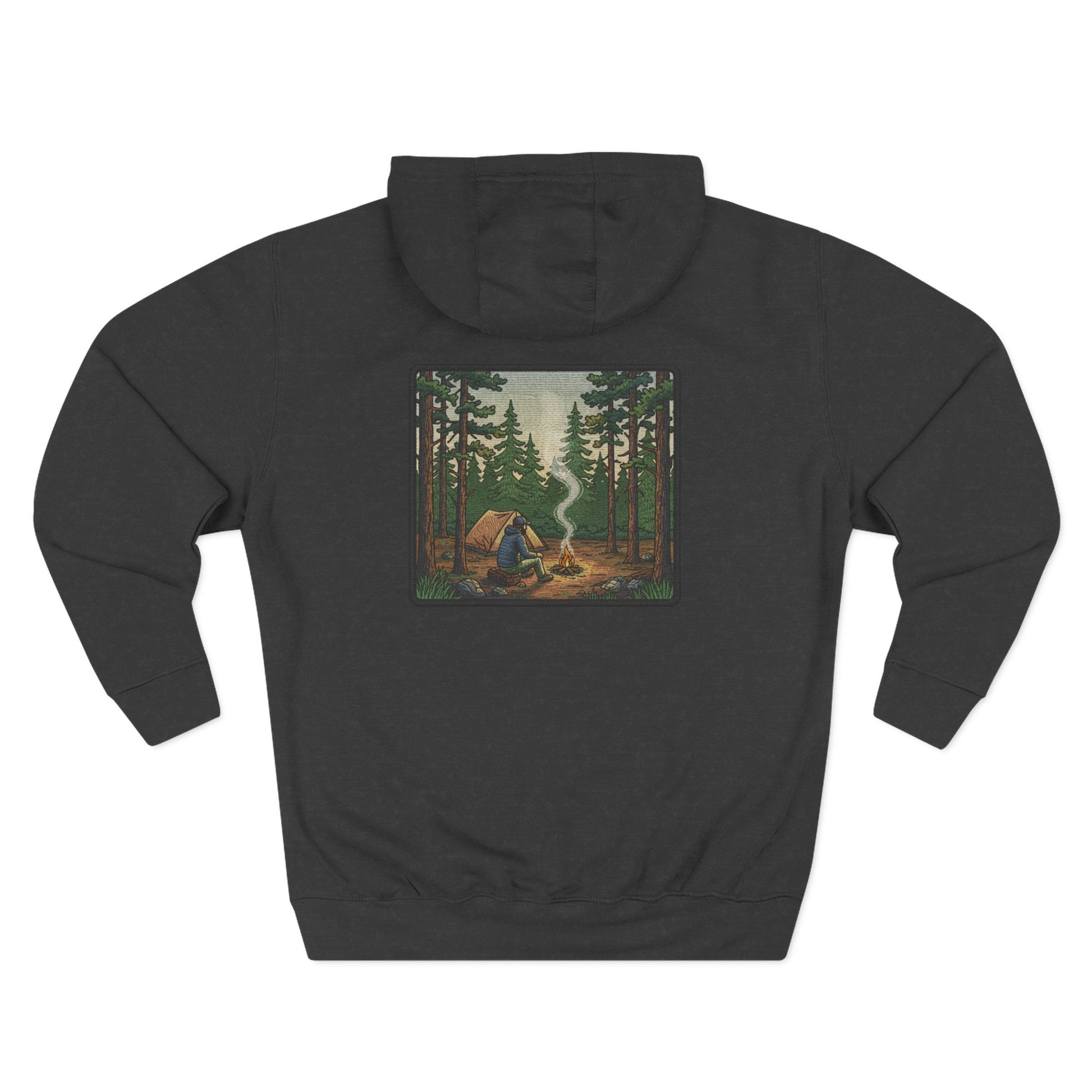 Back of Wildridge Campfire Square-Badge Hoodie in Grey with campfire forest badge graphic