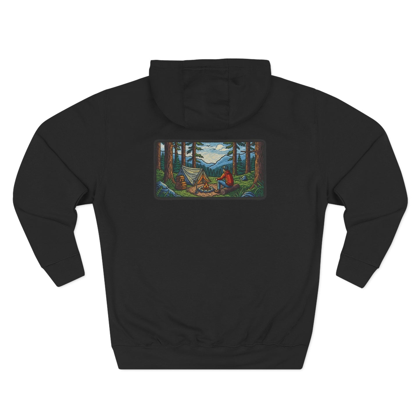 Camping Hoodie Retro Stichted Scenic Forest Campfire Design