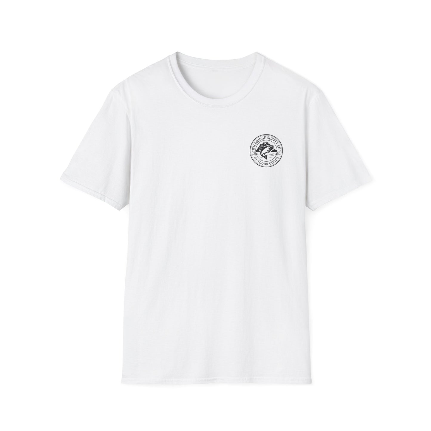 White t-shirt with a logo on a white background