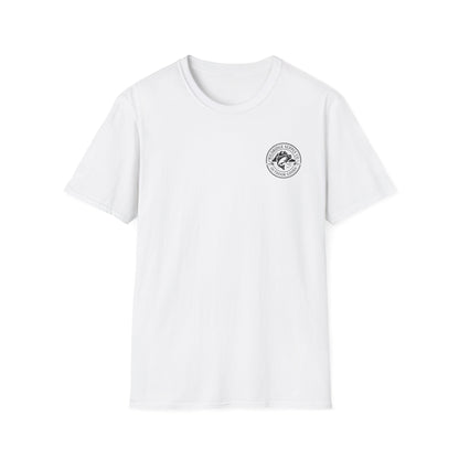 White t-shirt with a logo on a white background