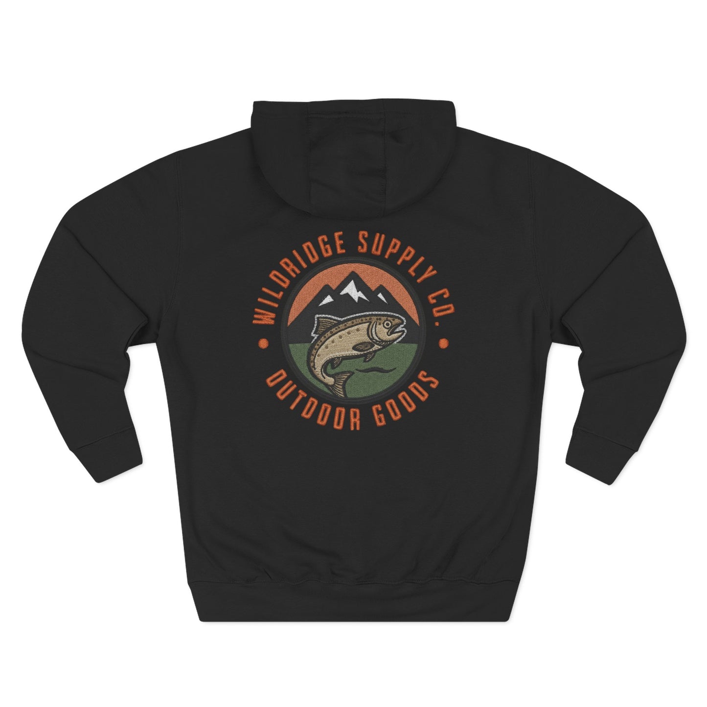 Black hoodie showcasing a large circular patch-style graphic on the back (trout jumping in front of mountains and pine trees