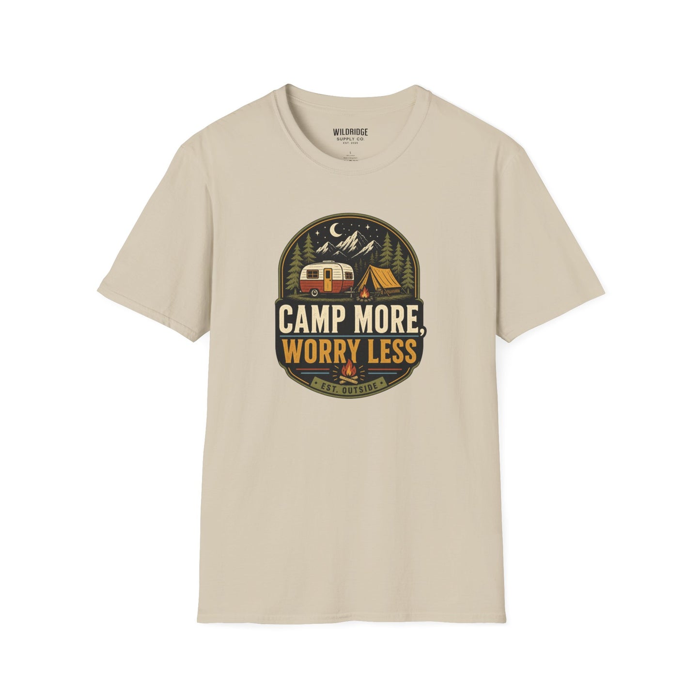Camp More Worry Less T-Shirt | Vintage RV Camping Badge