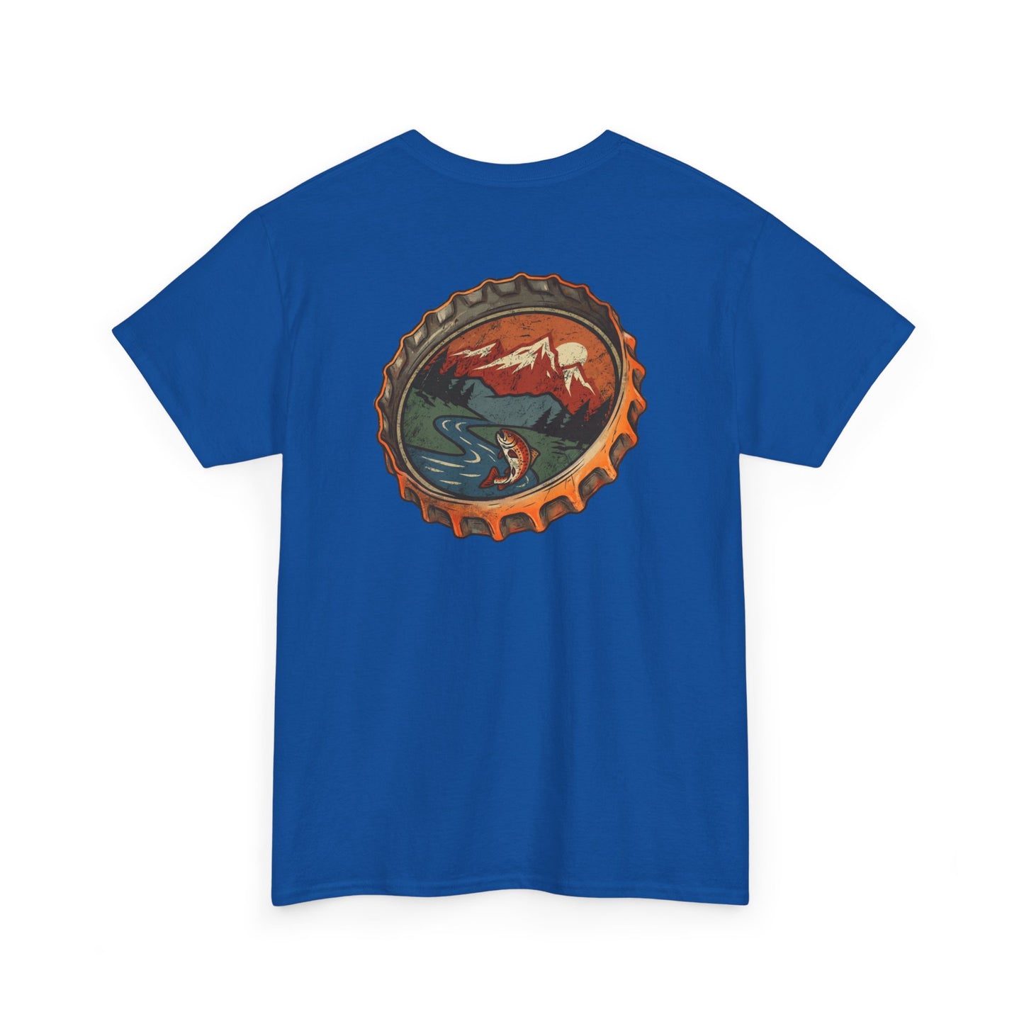 Bottle Cap Fishing Graphic Tee – Vintage Mountain River Outdoor Shirt