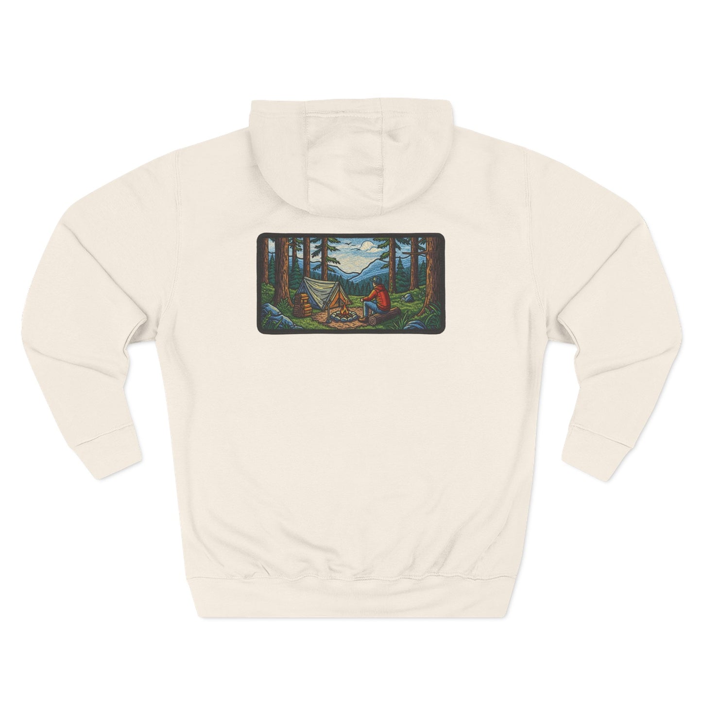 Camping Hoodie Retro Stichted Scenic Forest Campfire Design