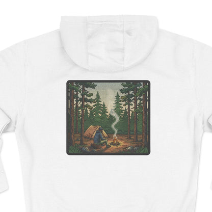 Close-up of campfire square badge graphic with tent, pine trees, and rising smoke