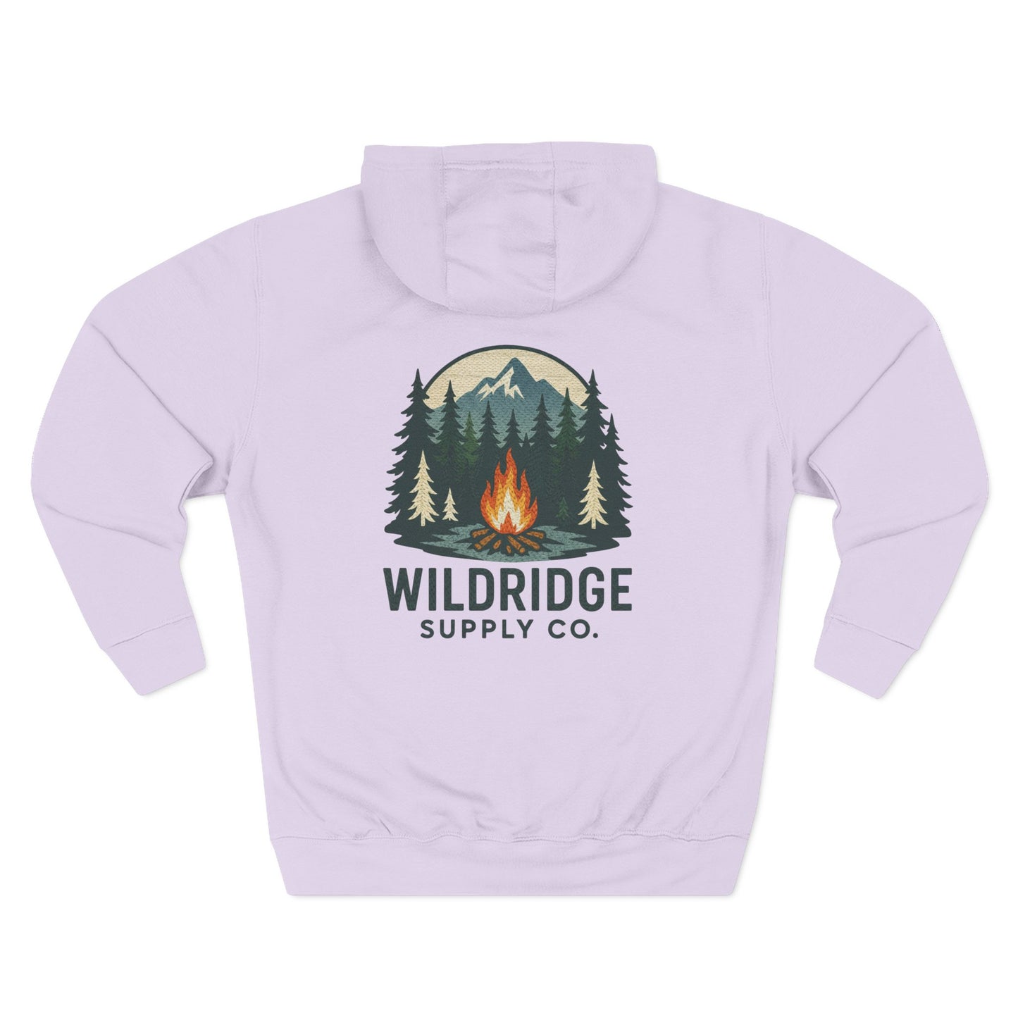 Light purple hoodie with a campfire and forest design and 'Wildridge Supply Co.' text on a white background