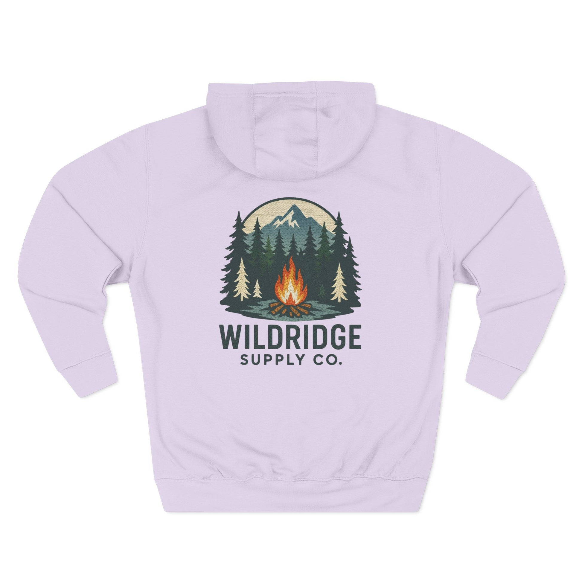 Light purple hoodie with a campfire and forest design and 'Wildridge Supply Co.' text on a white background