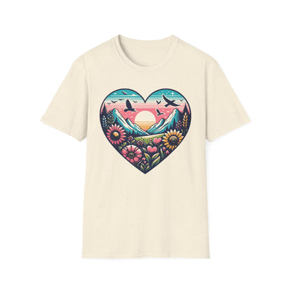 Mountain Sunrise Heart Nature Tee – Outdoors & Adventure Shirt