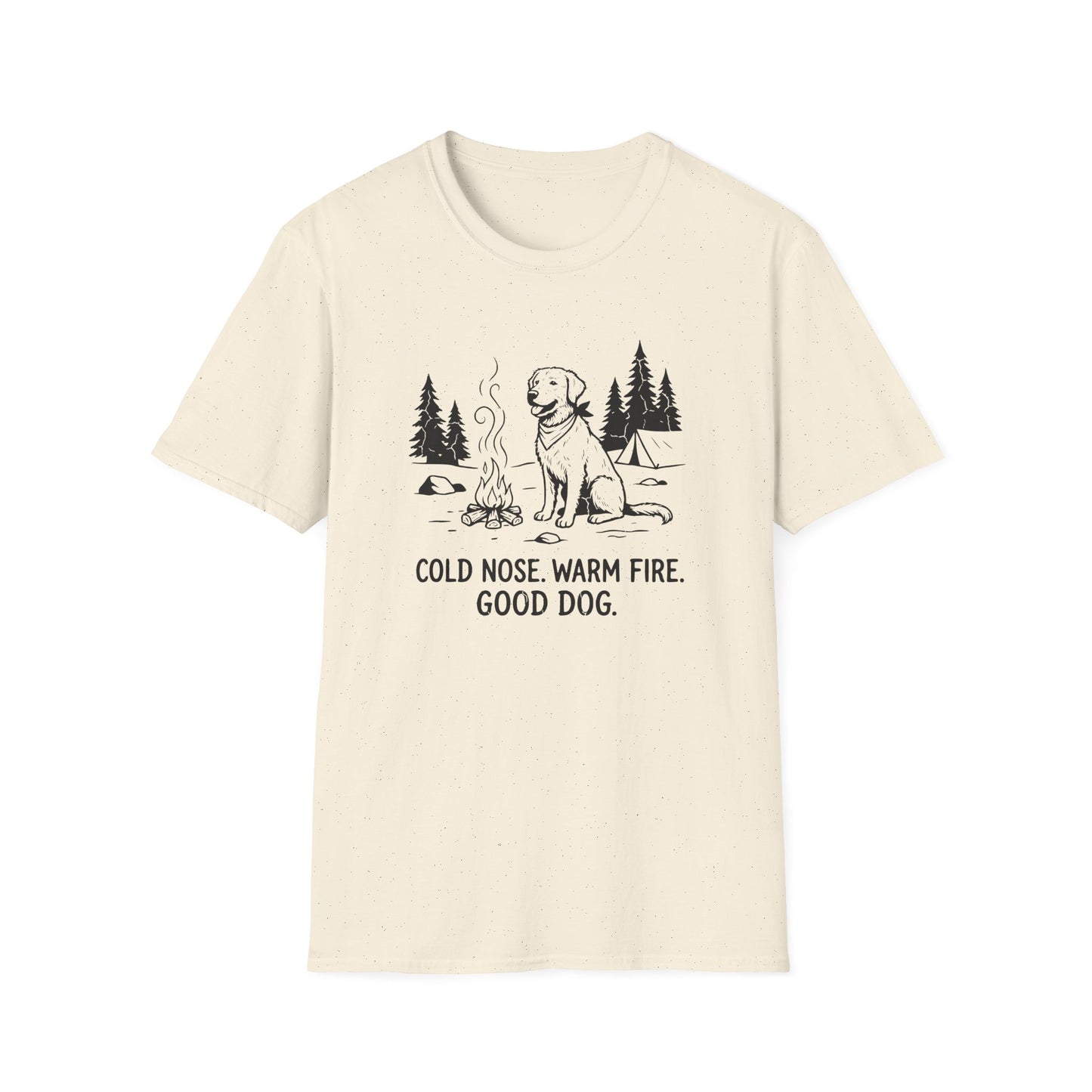 Camping Dog T-Shirt — "Cold Nose, Warm Fire, Good Dog" Graphic Tee