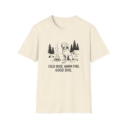 Camping Dog T-Shirt — "Cold Nose, Warm Fire, Good Dog" Graphic Tee