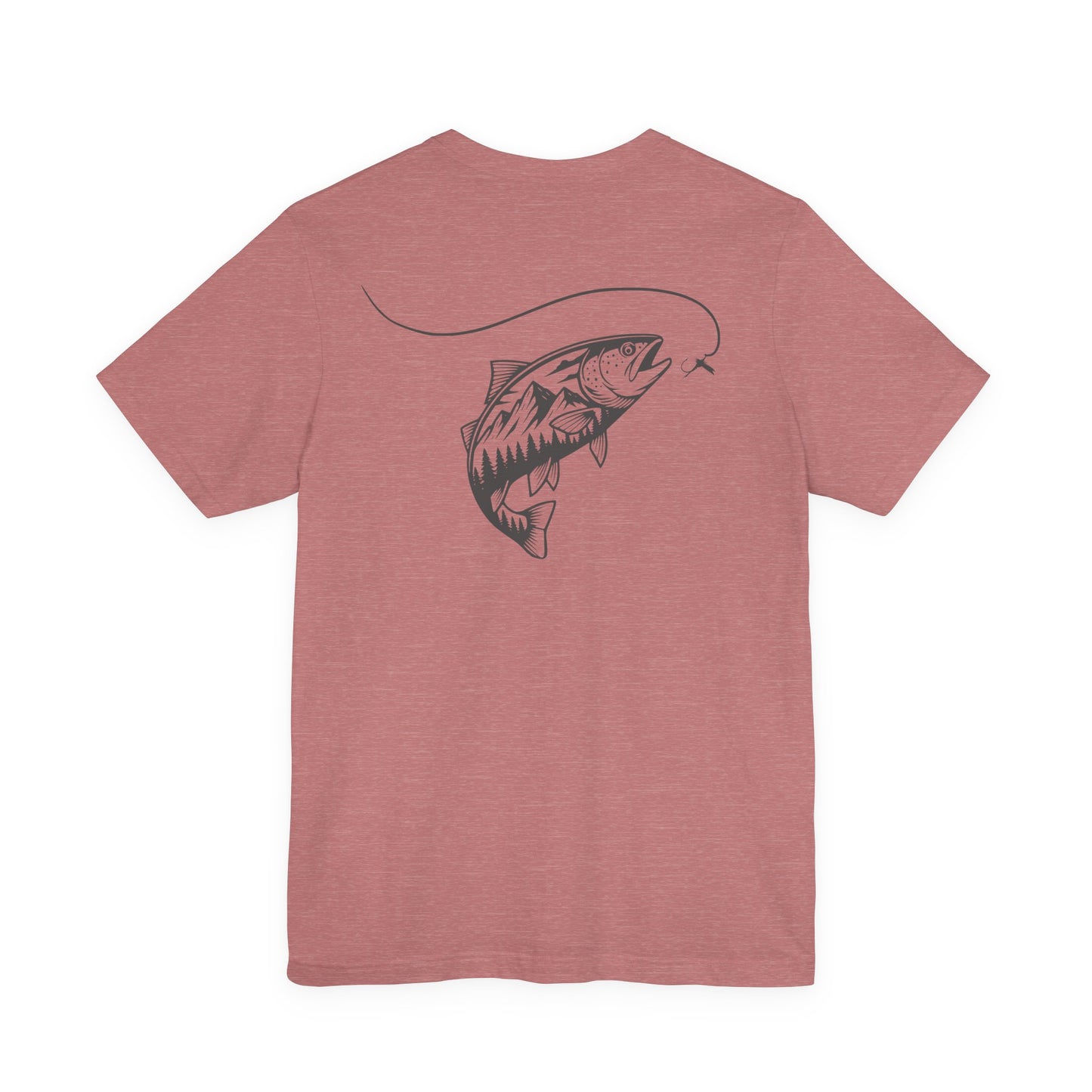 Pink t-shirt with a fish design on the back against a white background